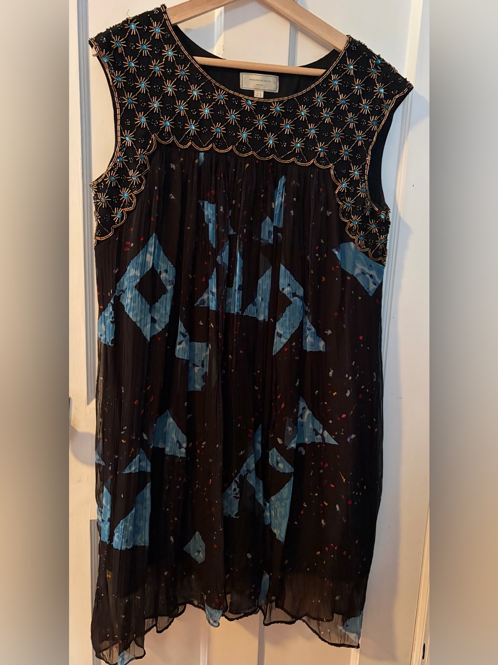 Moulinette Soeurs Anthropologie A-line Dress with Gold Beaded Sunbursts